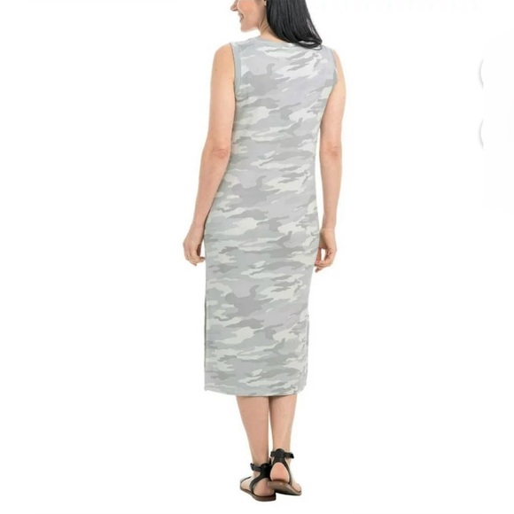 HILARY RADLEY Grey/WHT Camo Crew Side Slit SLVless Beachy Minimal Midi Dress XL - Picture 3 of 16